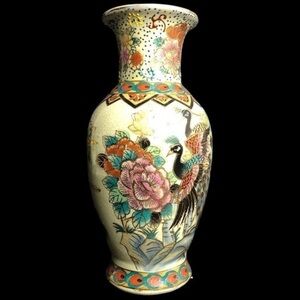 Vintage Chinese Porcelain Vase Ivory w/ Peacocks & Flowers - crazing
